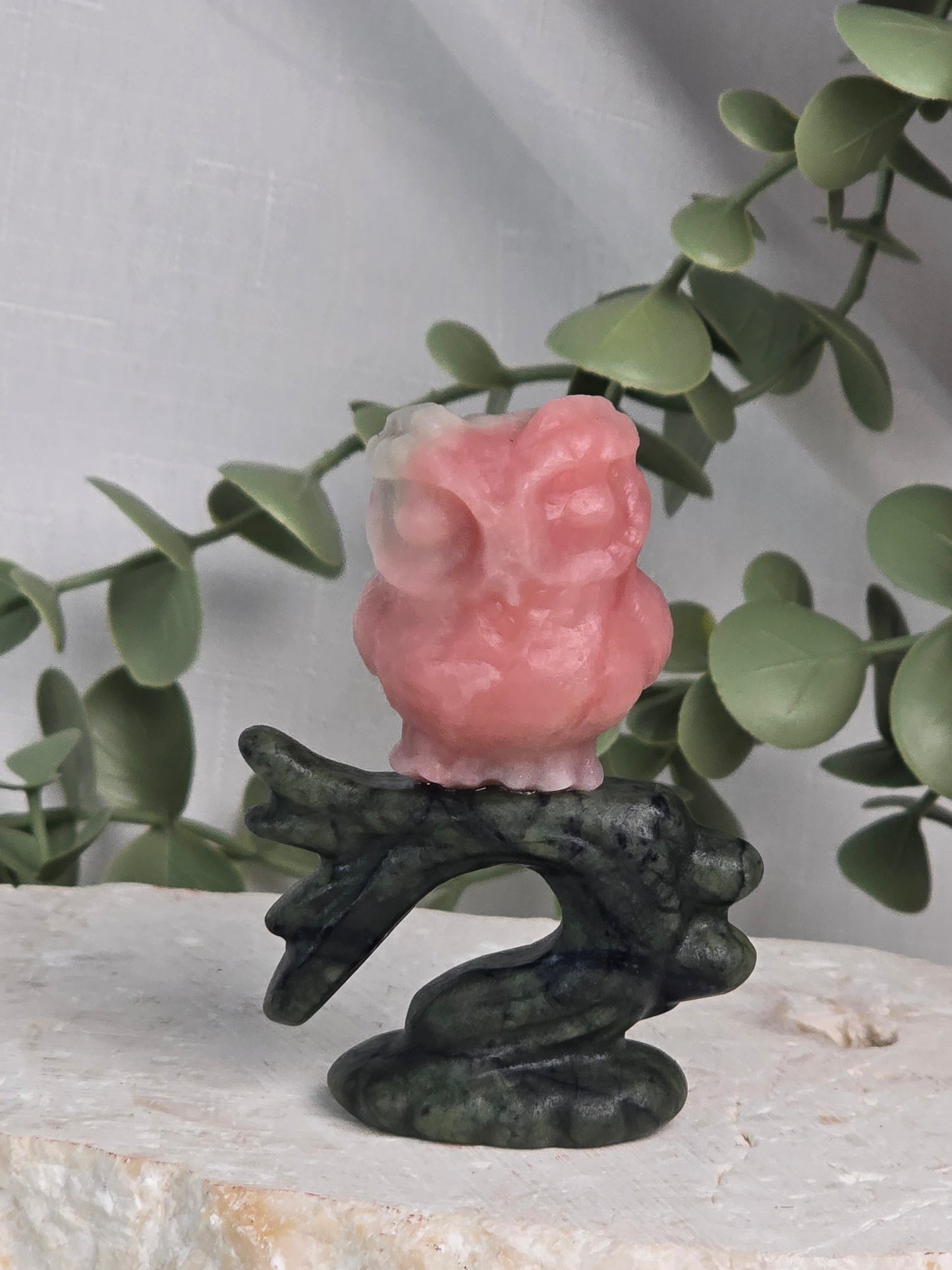 Pink Opal Owl on Jasper Branch Carving