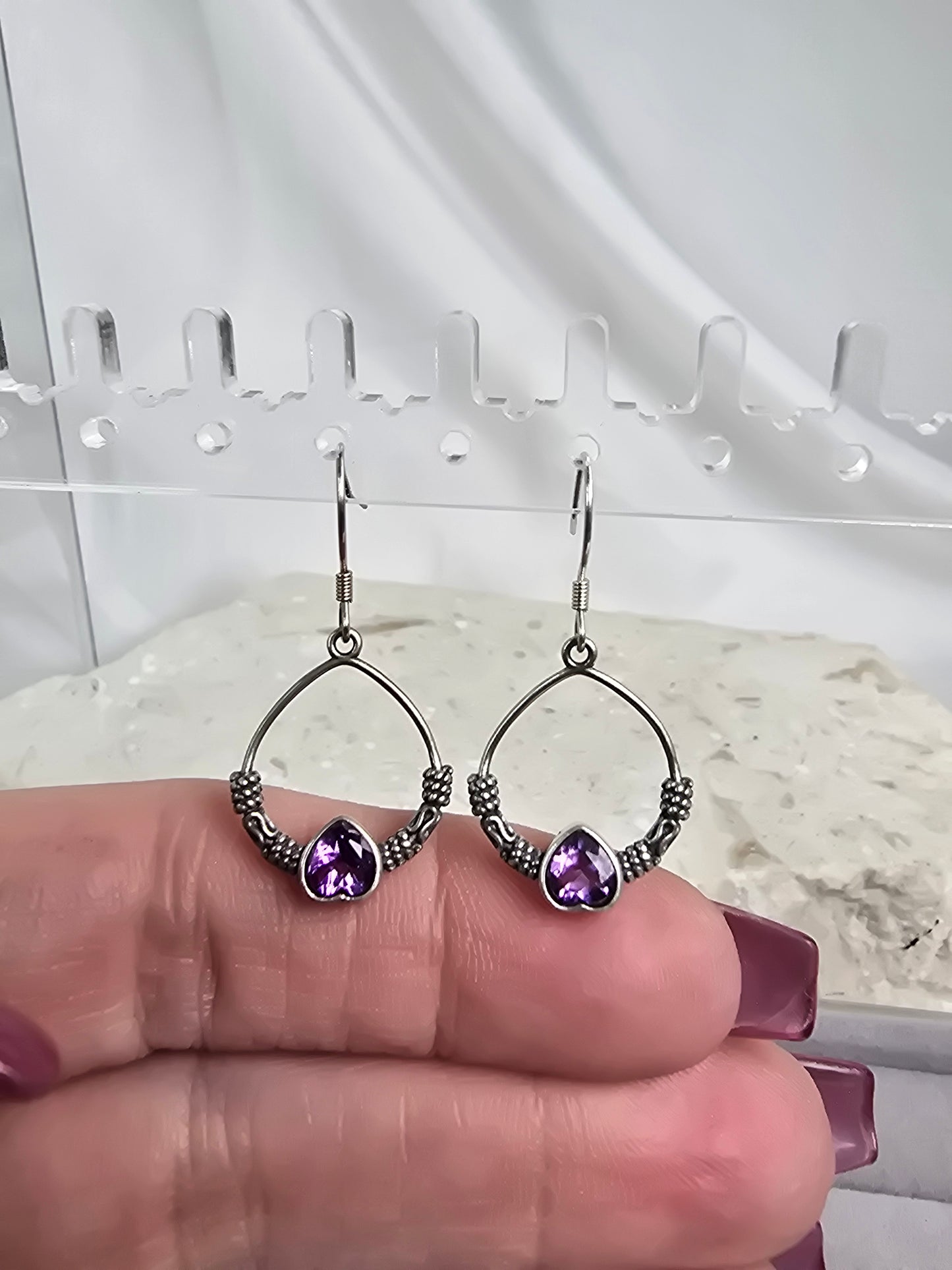 Amethyst Heart Sterling Silver hook Earrings