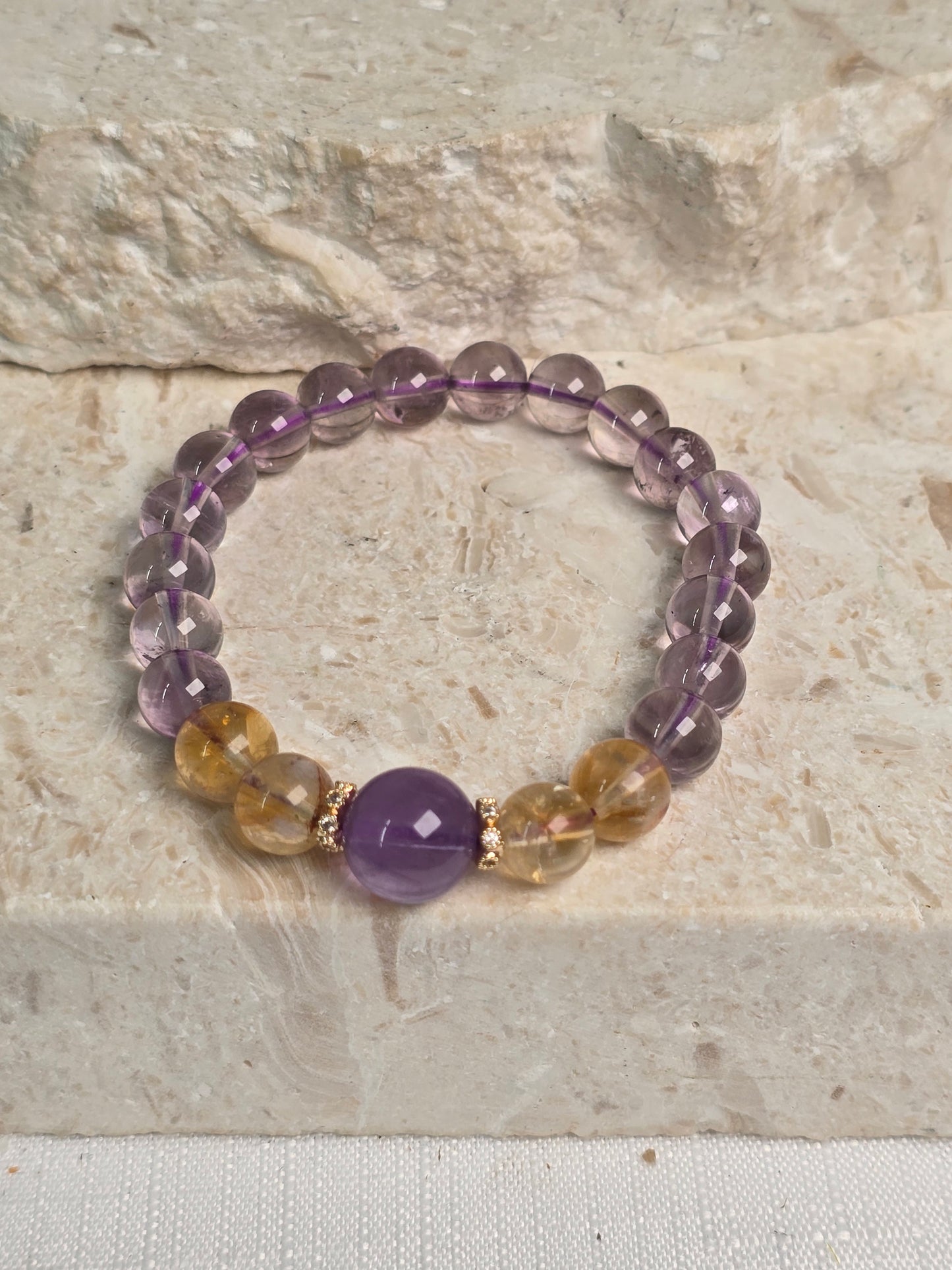 Amethyst & Citrine with gold accents 6mm Bead Bracelet