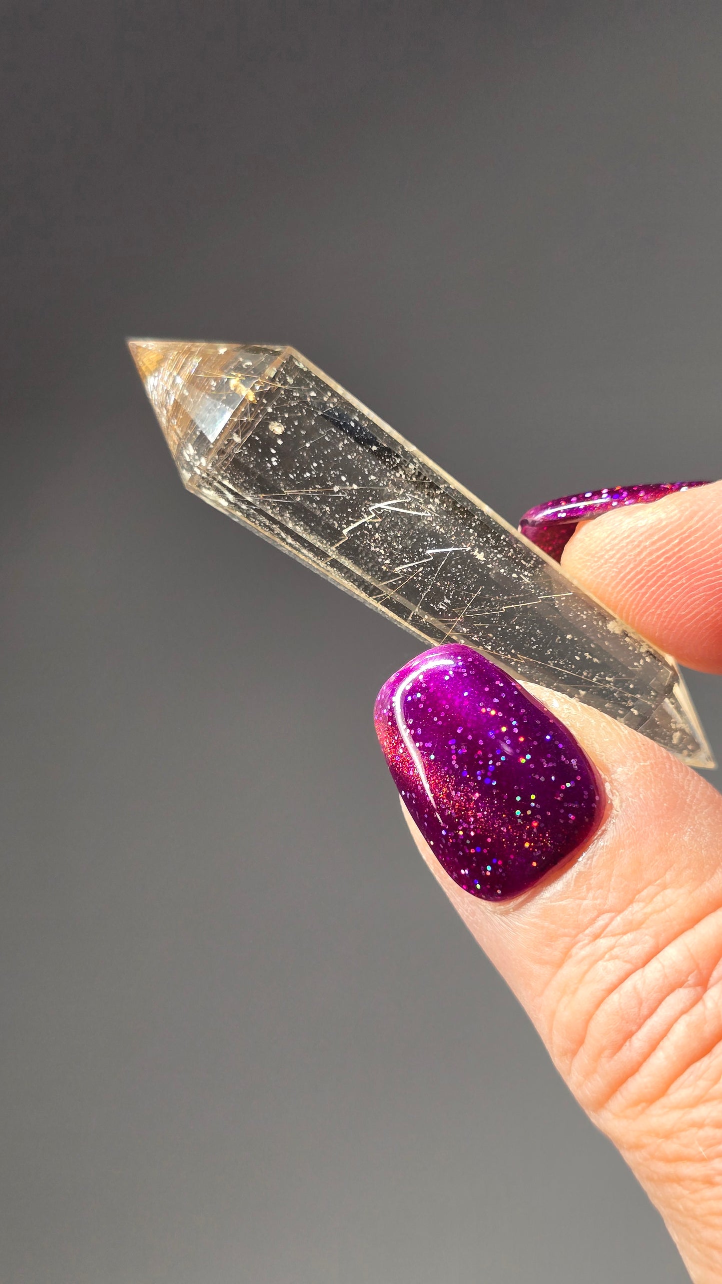 Clear Quartz with Silver Rutile & White Garden faceted Vogel