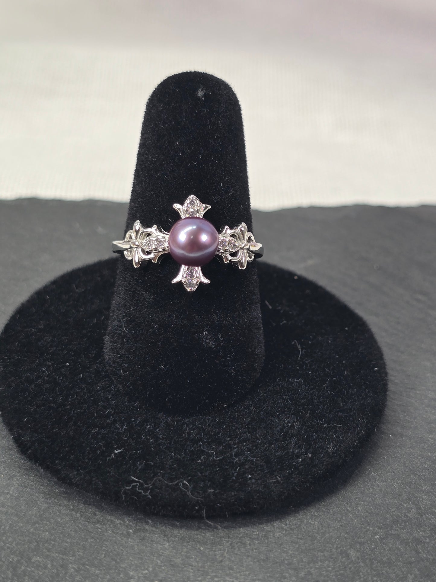 Black Cultured Pearl Sterling Silver adjustable ring