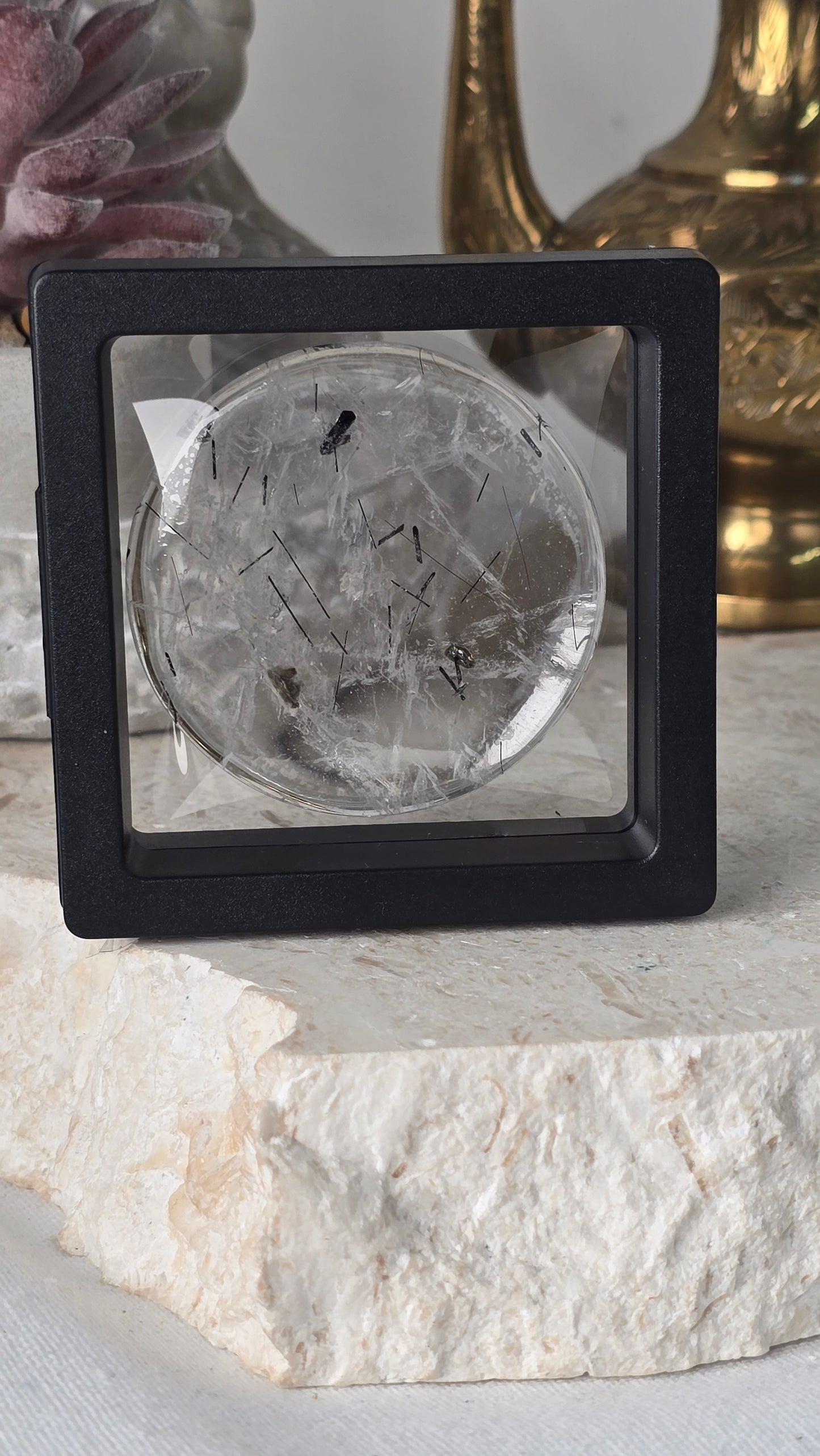 Collectors Grade Clear Quartz with Tourmaline Rutile and Mica Cabachon Disc