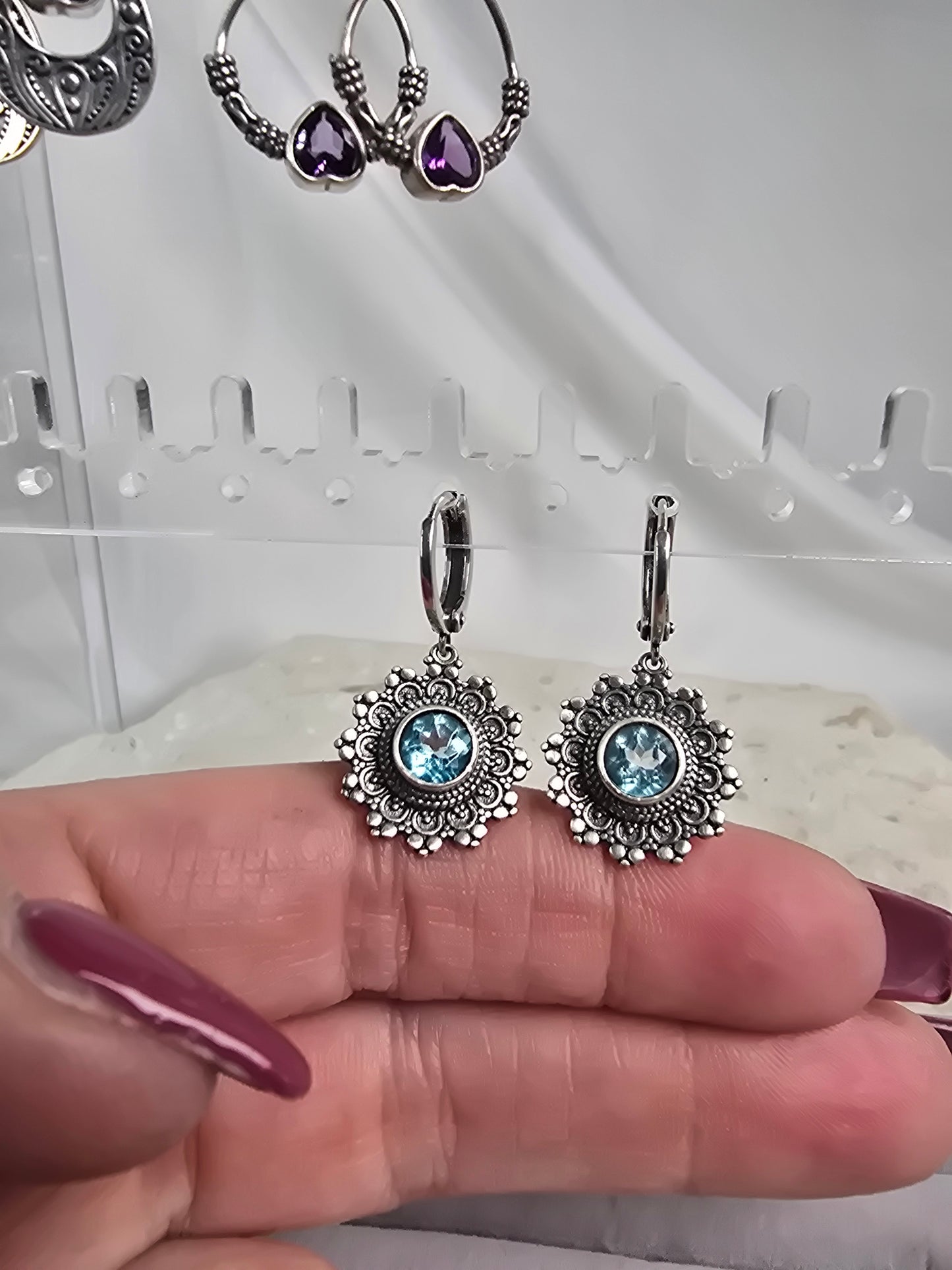 Topaz mandala Sterling Silver huggie Earrings