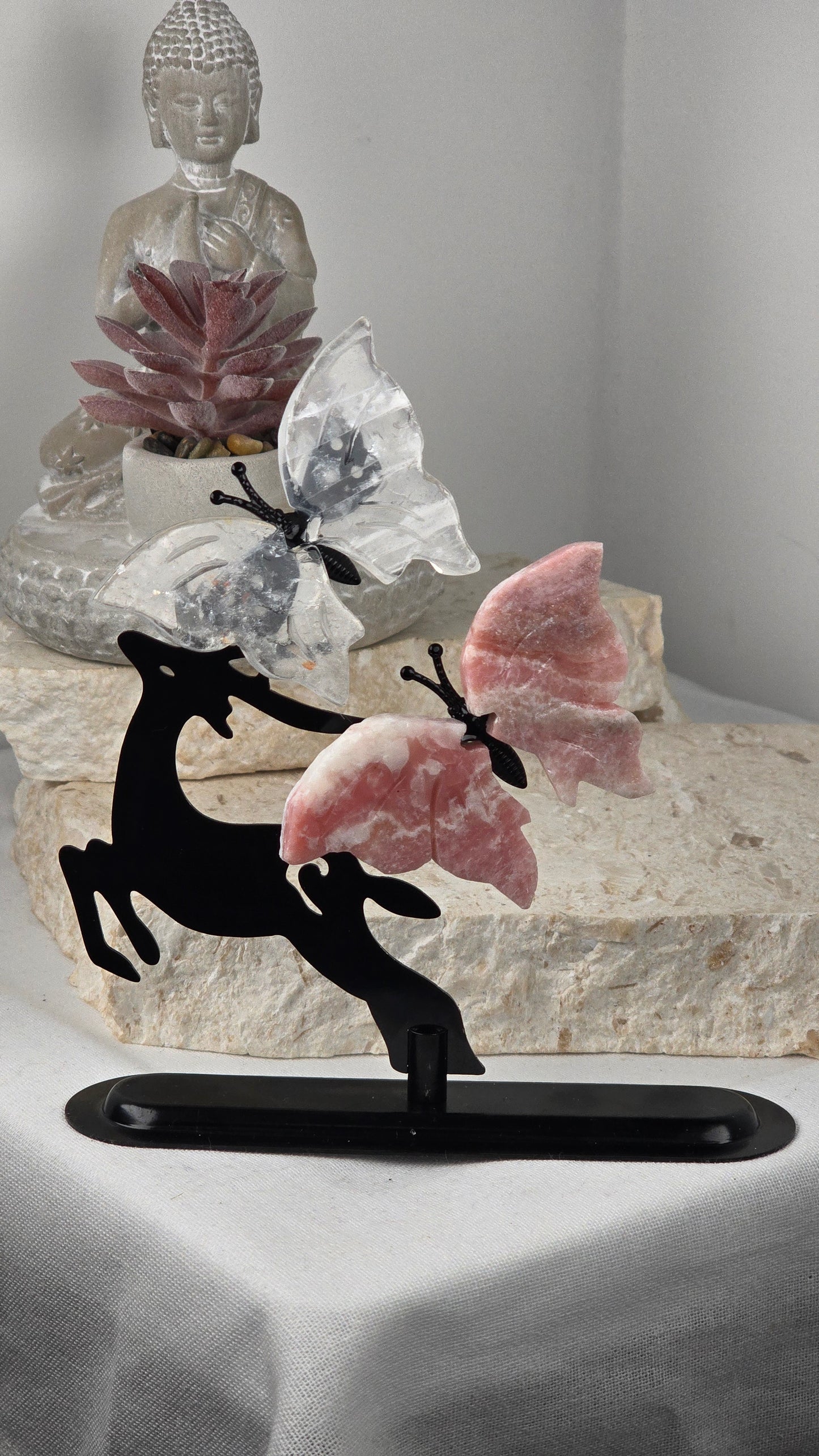 Clear Quartz & Pink Opal Butterfly Leaping Deer