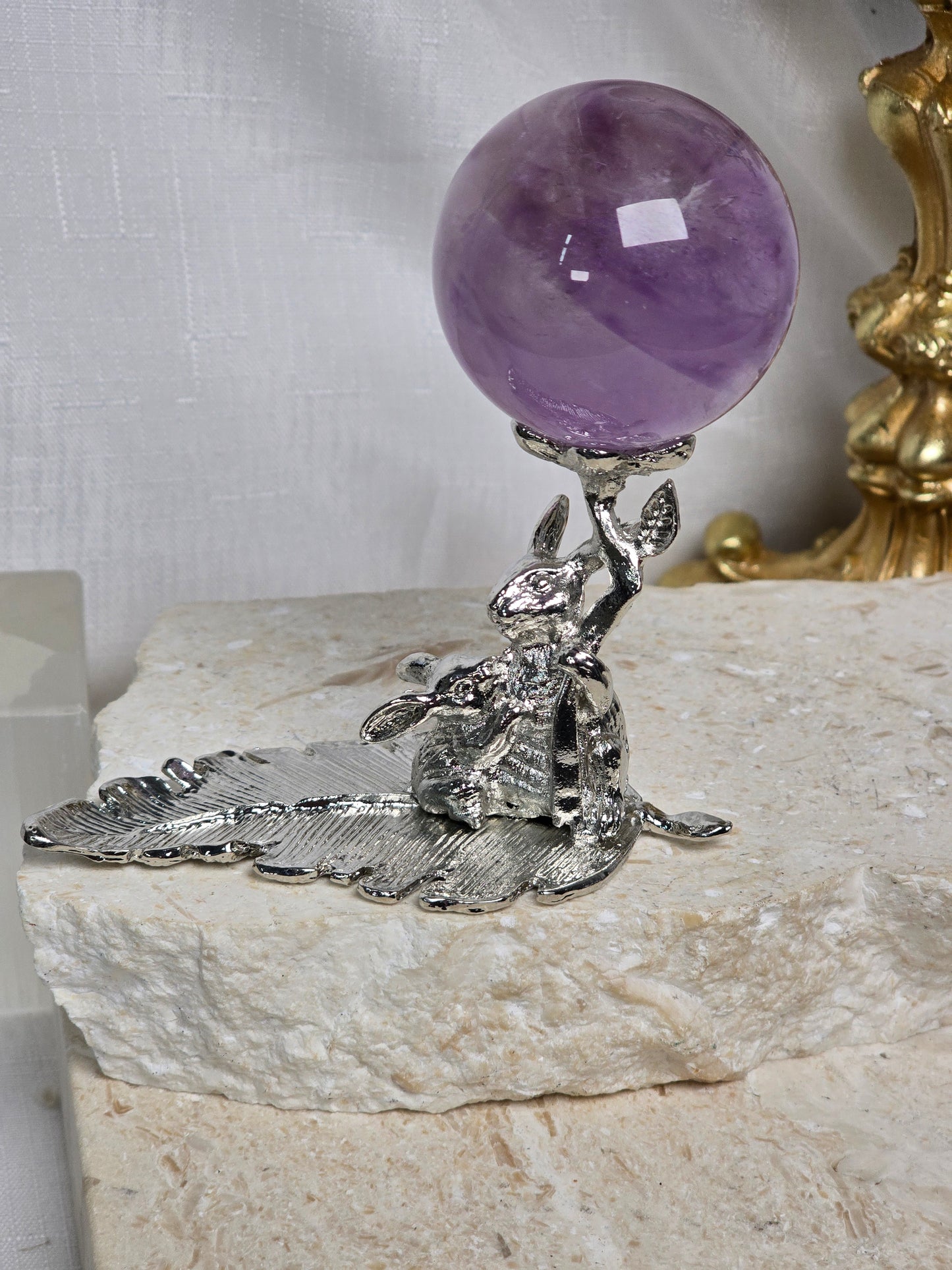 Silver Rabbits on Leaf Sphere stand