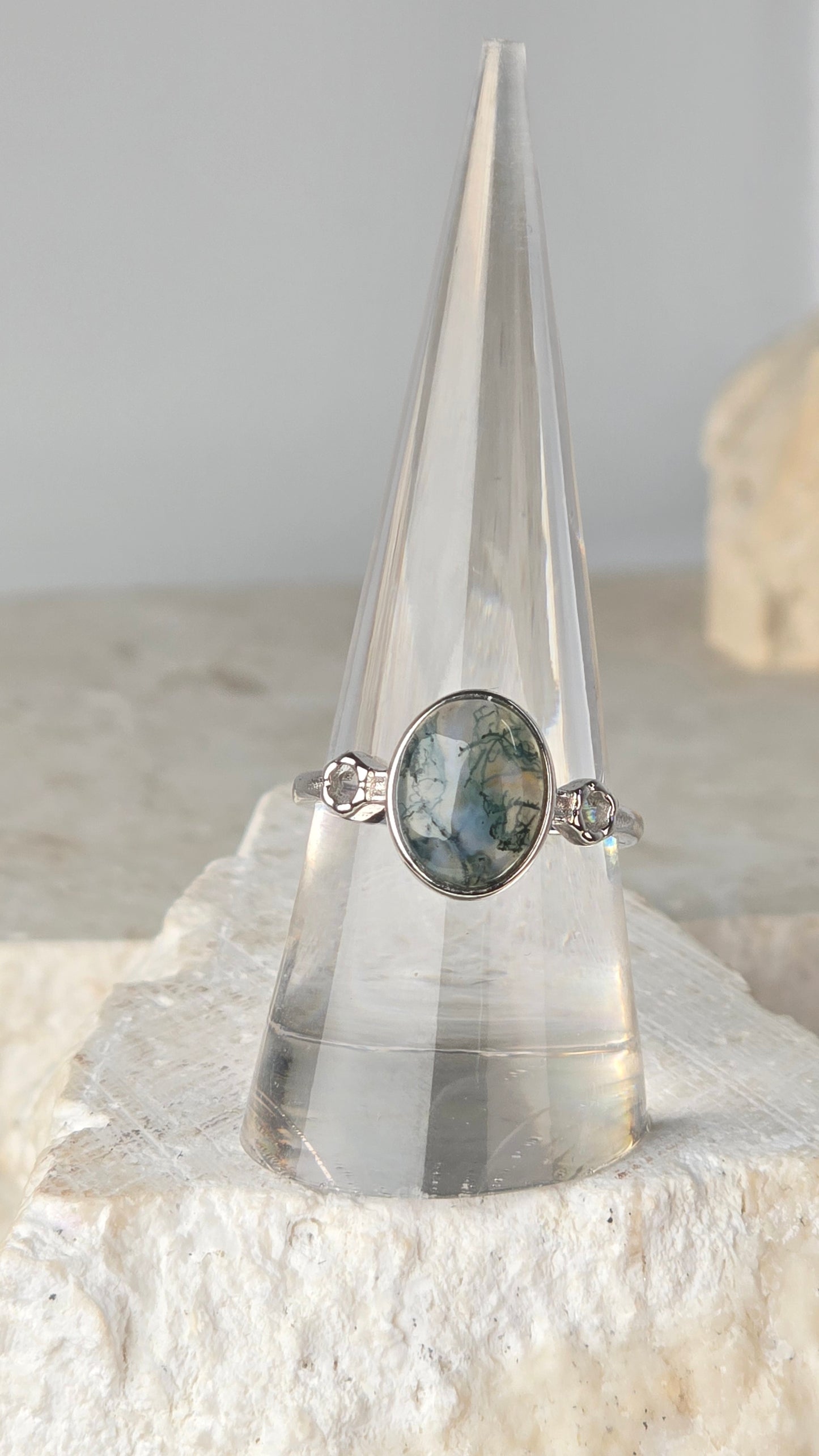 Moss Agate Sterling Silver Ring adjustable band