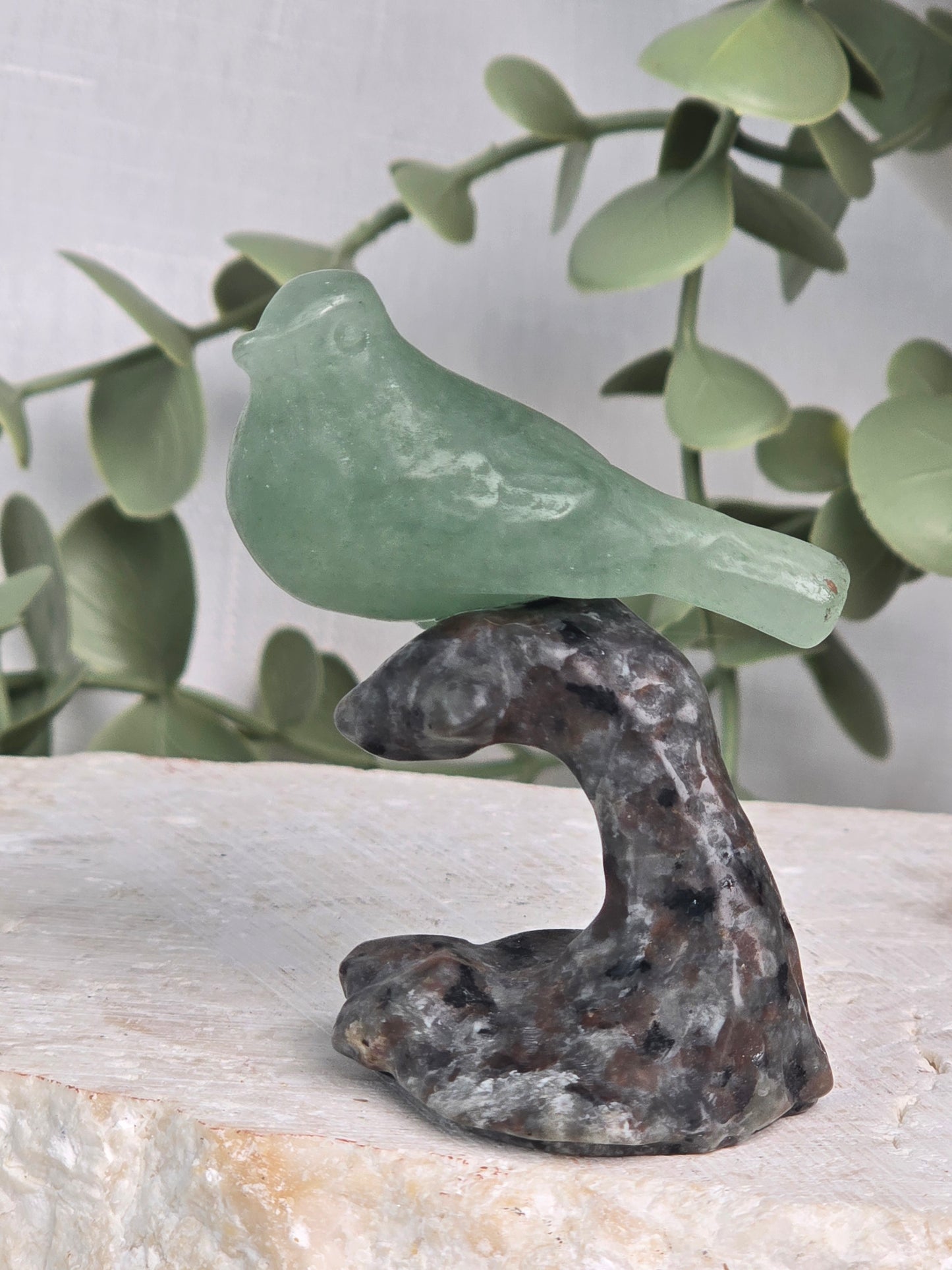 Green Aventurine Bird on ilamnite Branch Carving