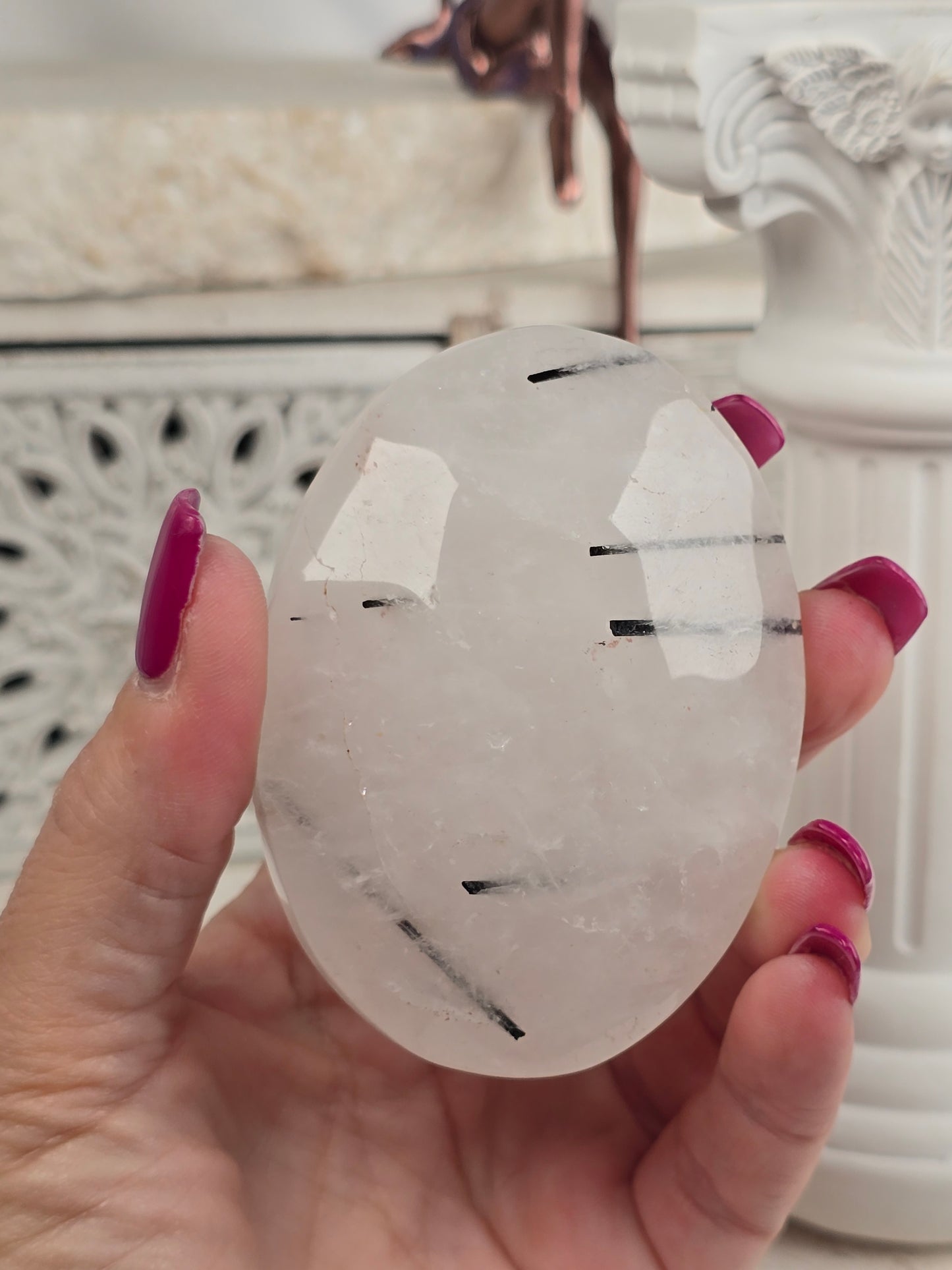 Clear Quartz with Black Tourmaline Rutile Palm Stone