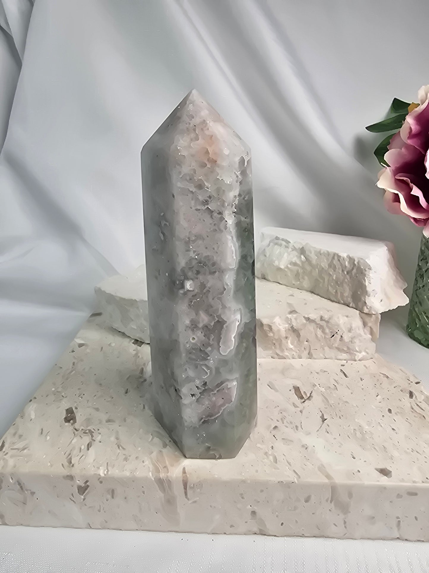 Green Quartz with Flower Agate Tower
