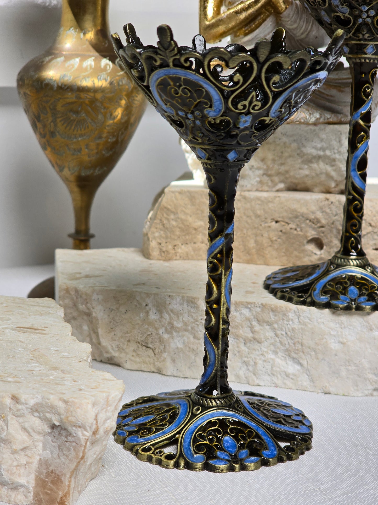 Bronze/Blue Metal Goblet Style Sphere Stand
