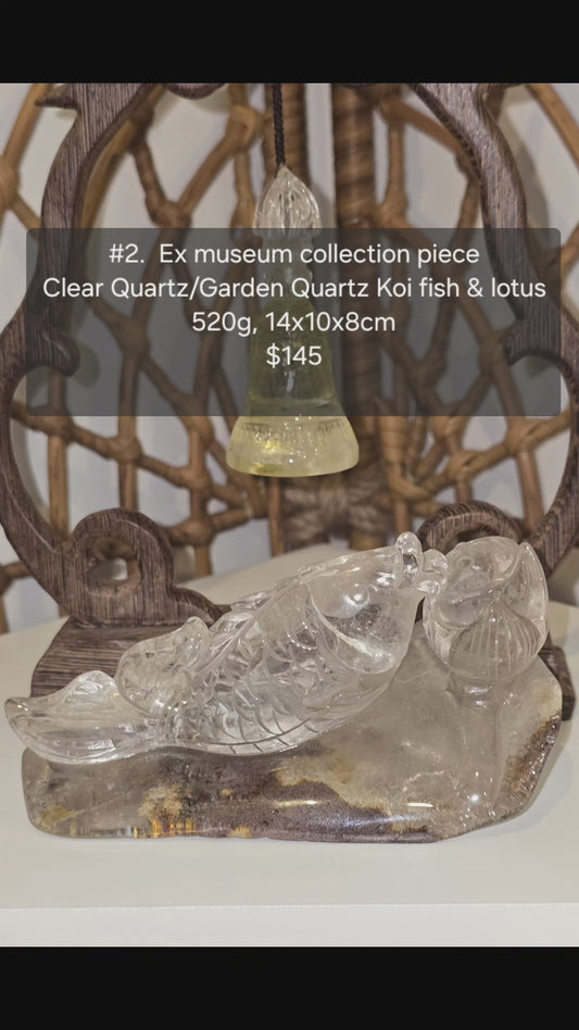 Clear Quartz/Garden Quartz Koi Fish in Lotus Pond - ex Crystal Museum piece
