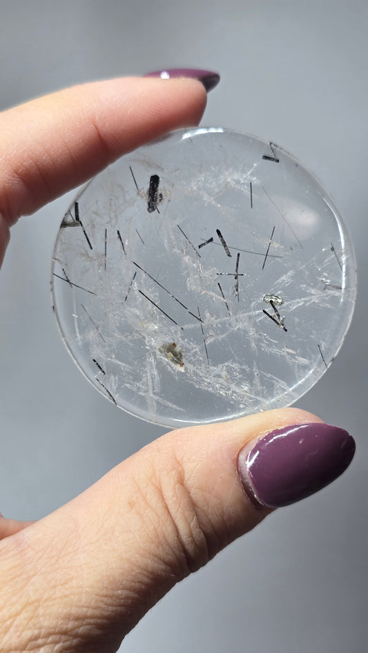 Collectors Grade Clear Quartz with Tourmaline Rutile and Mica Cabachon Disc