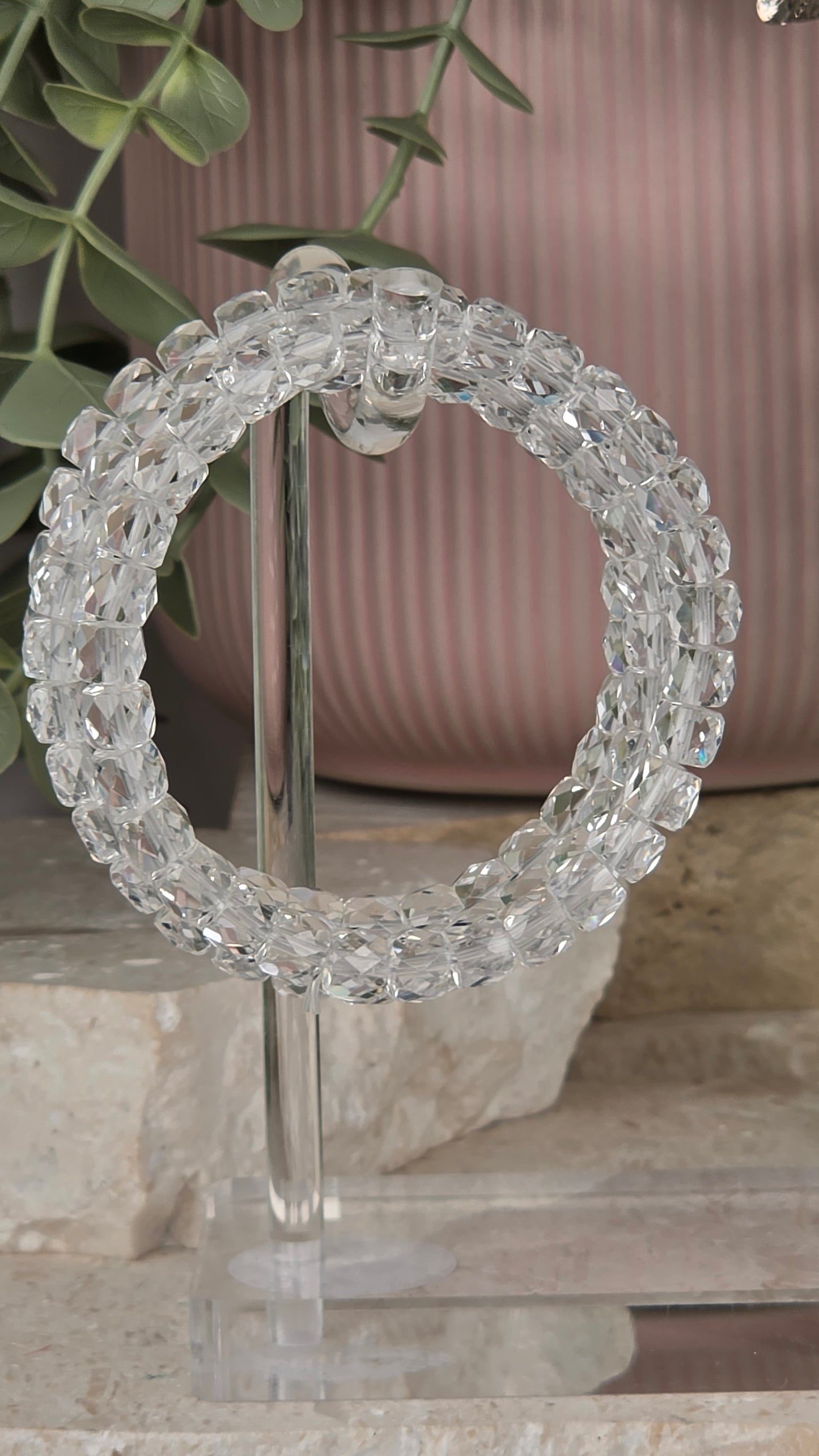 Gem grade faceted Clear Quartz 7mm Square Bead Bracelet