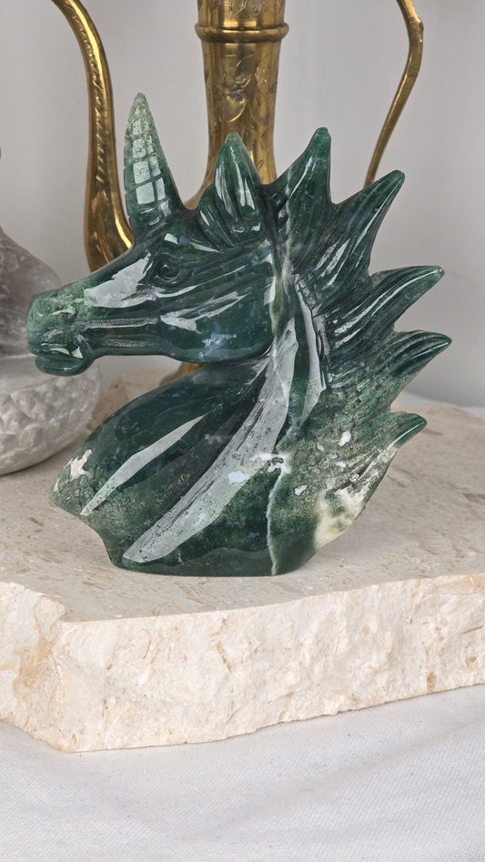 Large Moss Agate Unicorn Head
