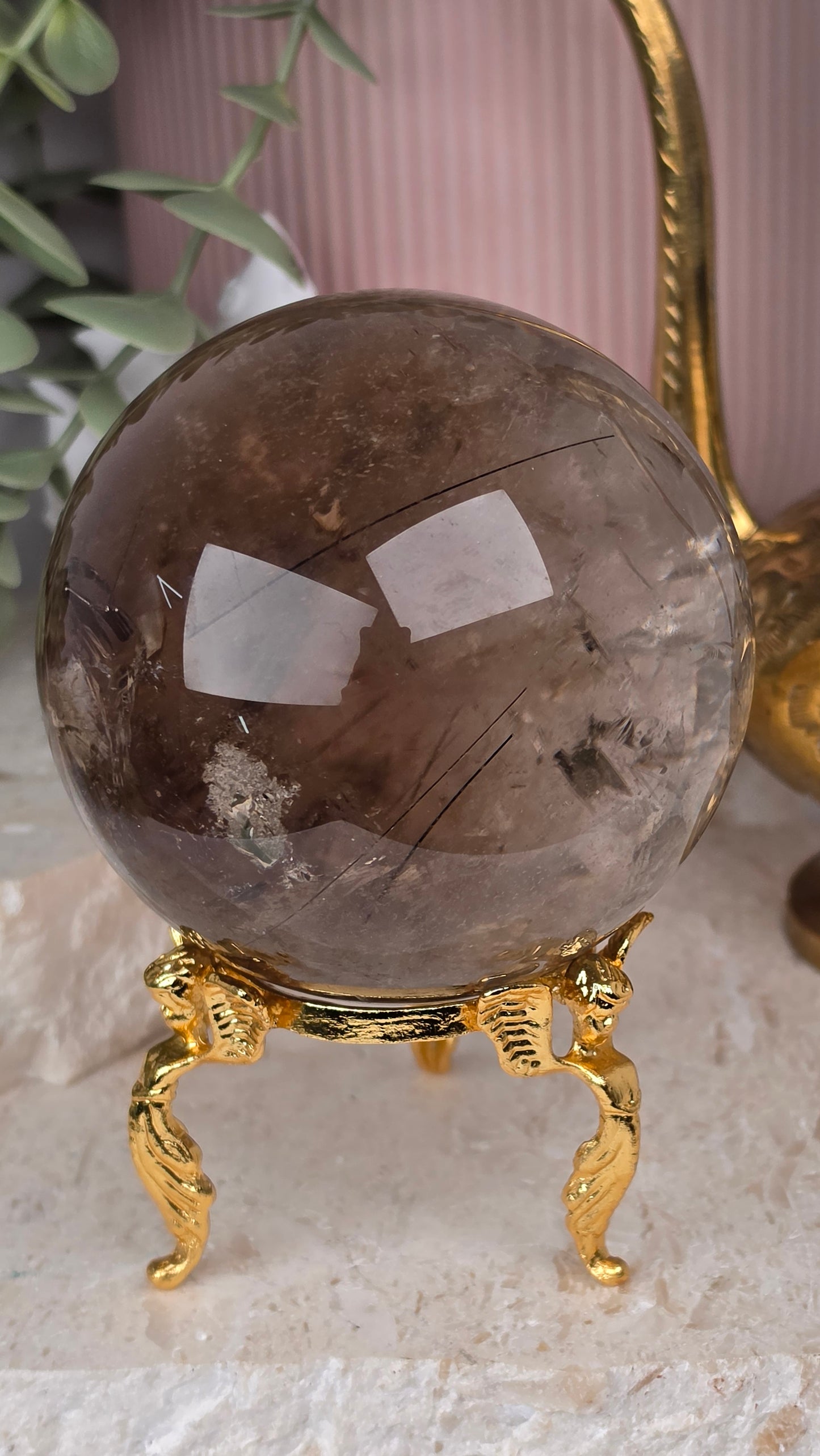 AAA Grade Smoky Quartz & Black Tourmaline Rutile Sphere