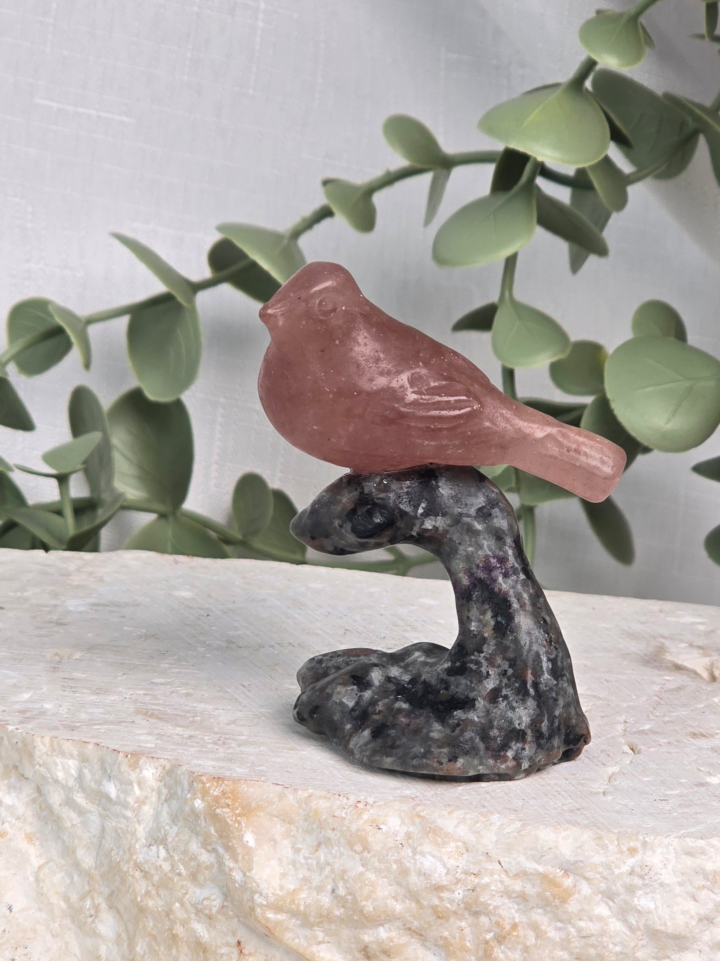Strawberry Quartz Bird on ilamnite Branch Carving