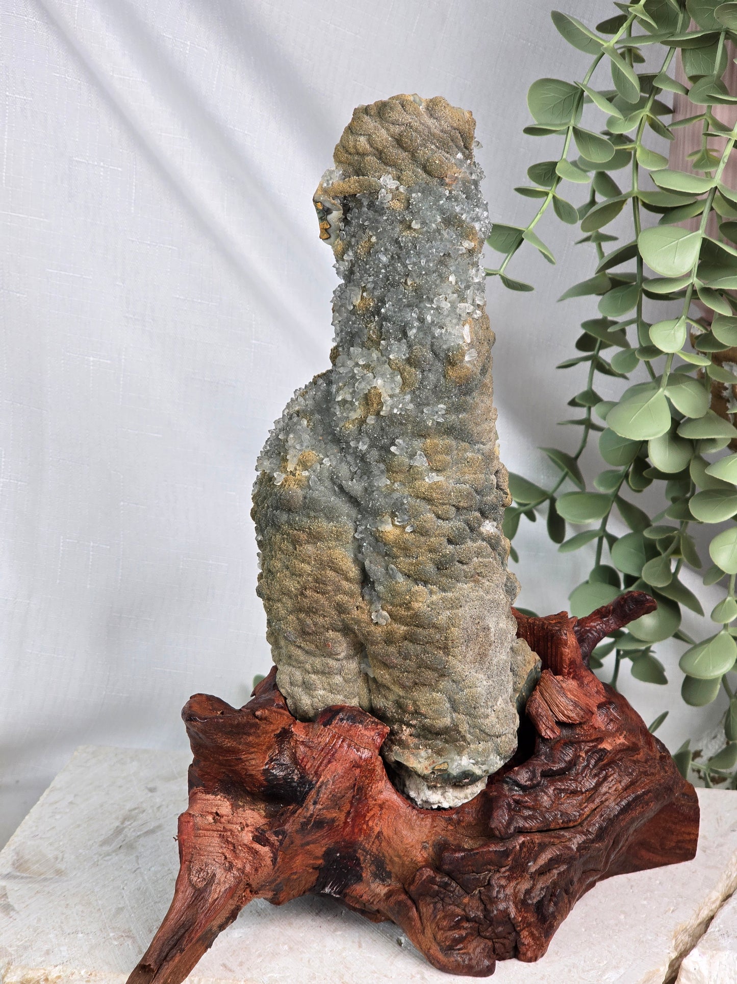 Green Quartz & Calcite Ancient Growth Stalactite with custom stand