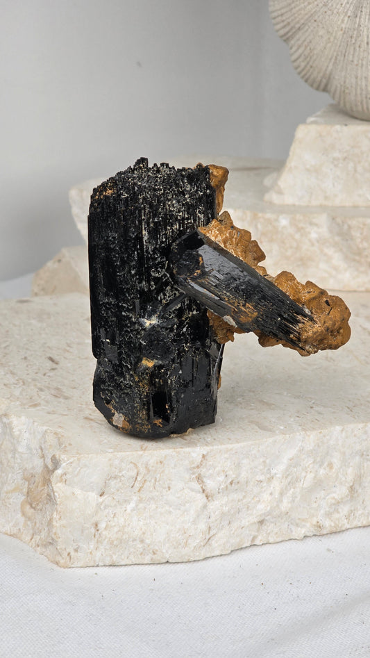 Namibian Black Tourmaline with Feldspar & UV reactive Hyalite