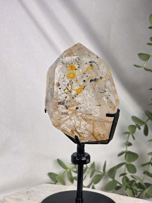Collectors Grade Gold Rutile & Black Mica Quartz Freeform on stand