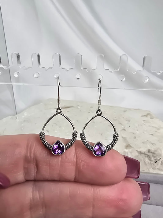 Amethyst Heart Sterling Silver hook Earrings