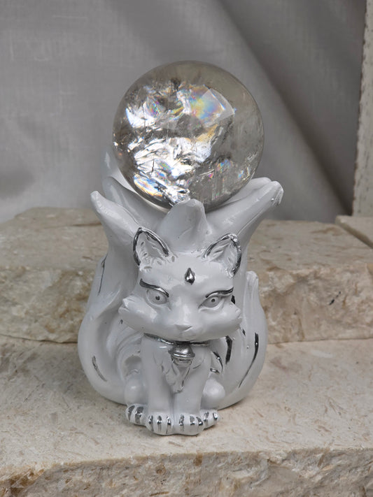 9 Tail Fox White/Silver Resin Sphere Stand