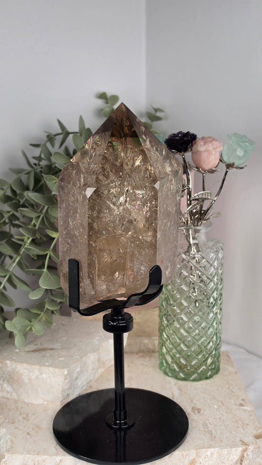 XL Rainbow Smoky Quartz Point on stand