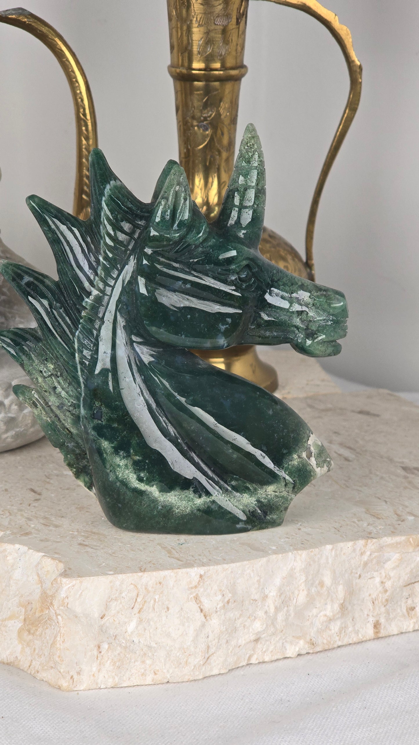 Large Moss Agate Unicorn Head