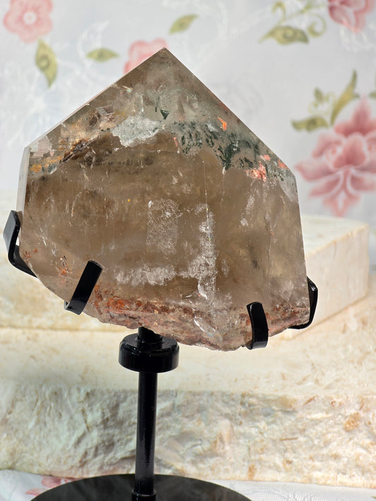 Smoky Garden Quartz Point on custom rotating stand