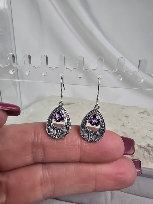 Amethyst Heart Sterling Silver hook Earrings