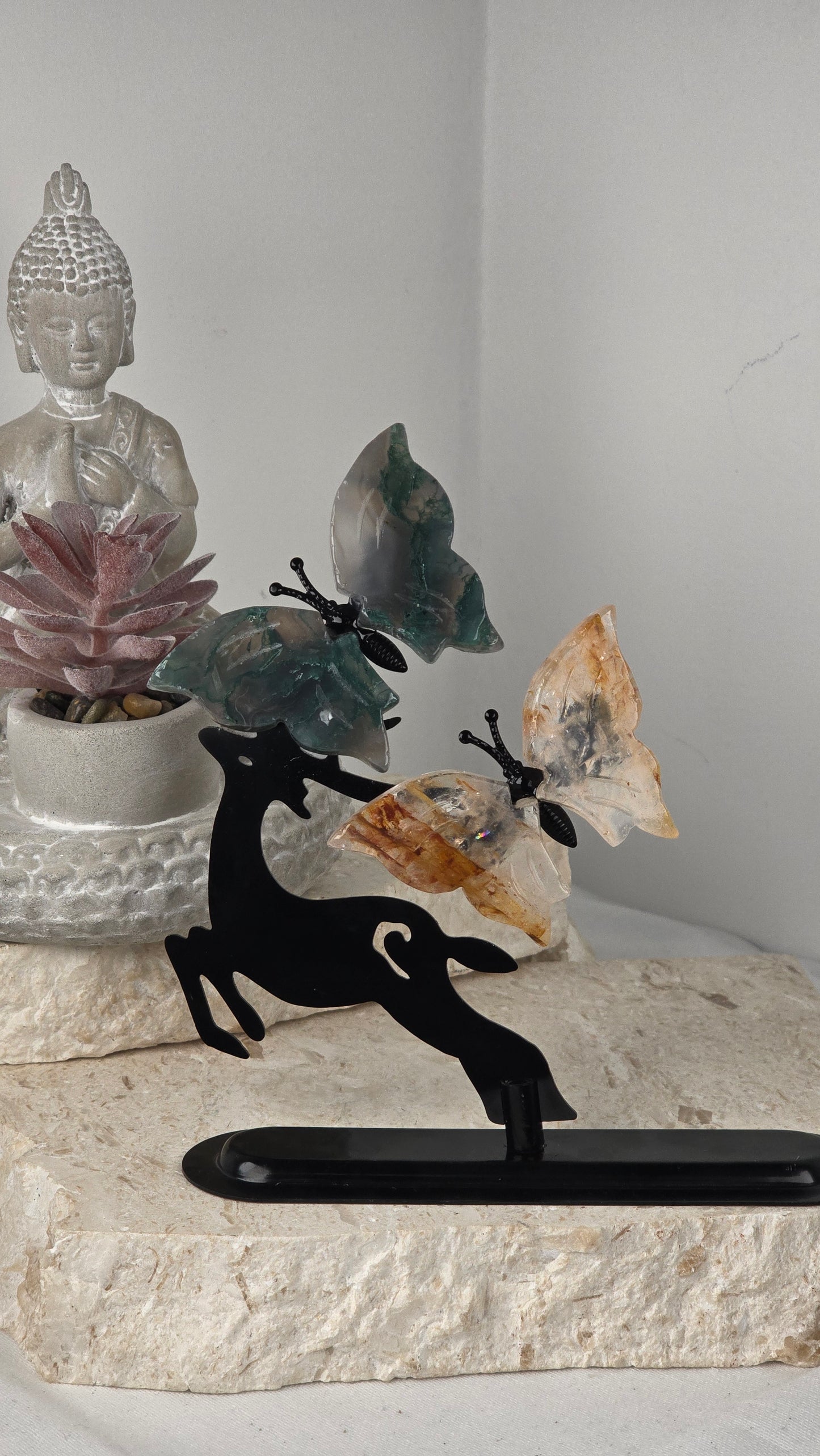 Moss Agate & Golden Healer Butterfly Leaping Deer