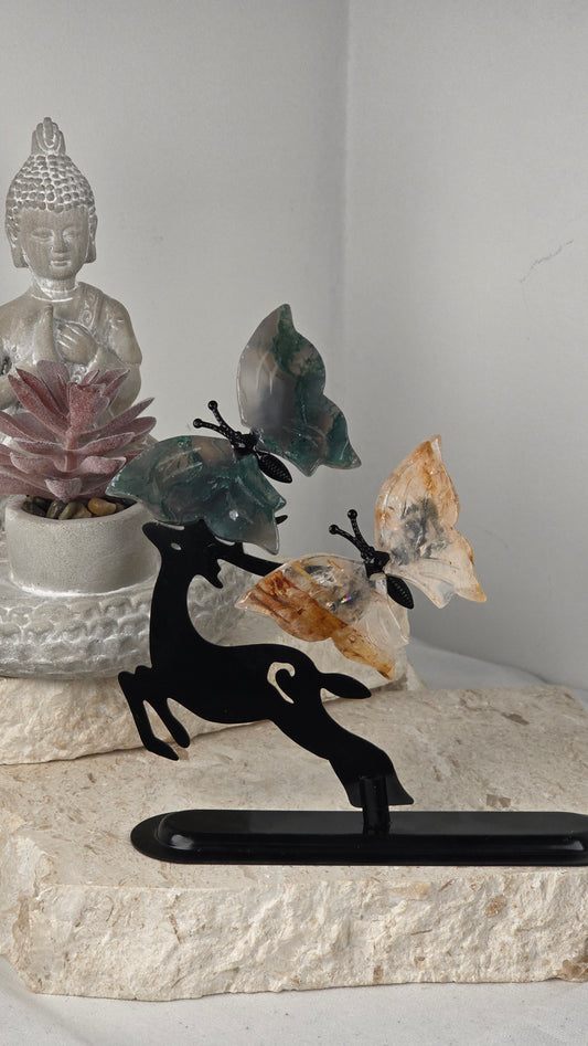 Moss Agate & Golden Healer Butterfly Leaping Deer