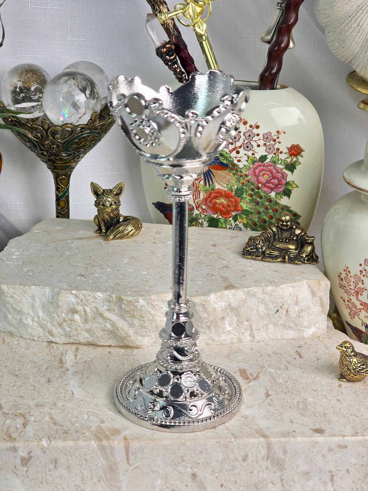 Silver Ornate Tall Sphere Stand