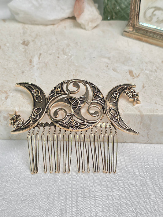 Gold Triquetra Triple Moon Hair Comb
