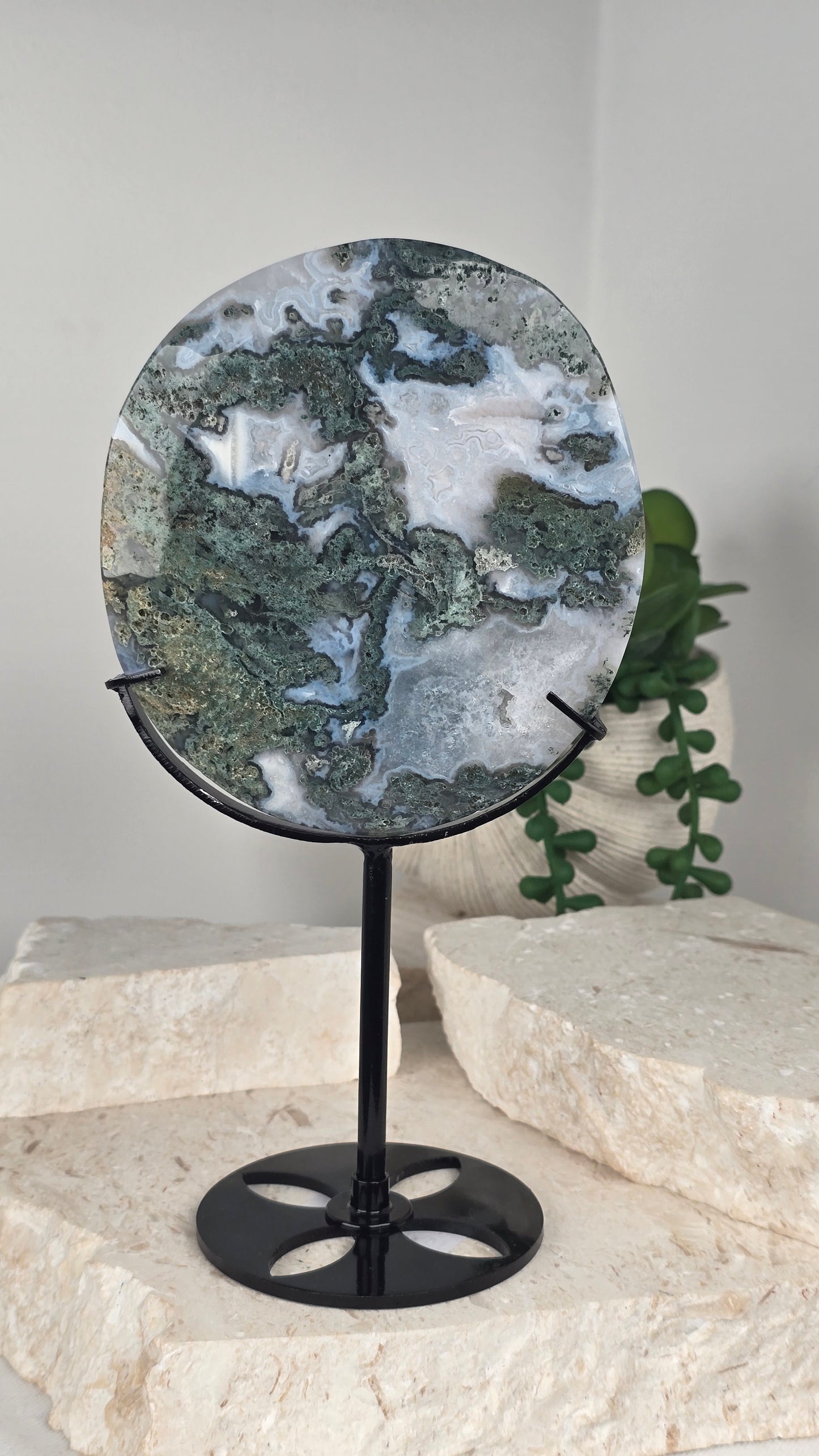 Moss Agate Disc in stand