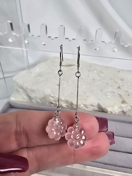 Rose Quartz Flower Sterling Silver hook Earrings