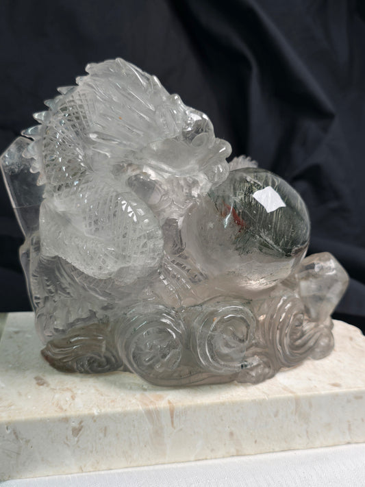 AAAA+ Grade Hand Carved Garden Quartz Dragon with Sphere