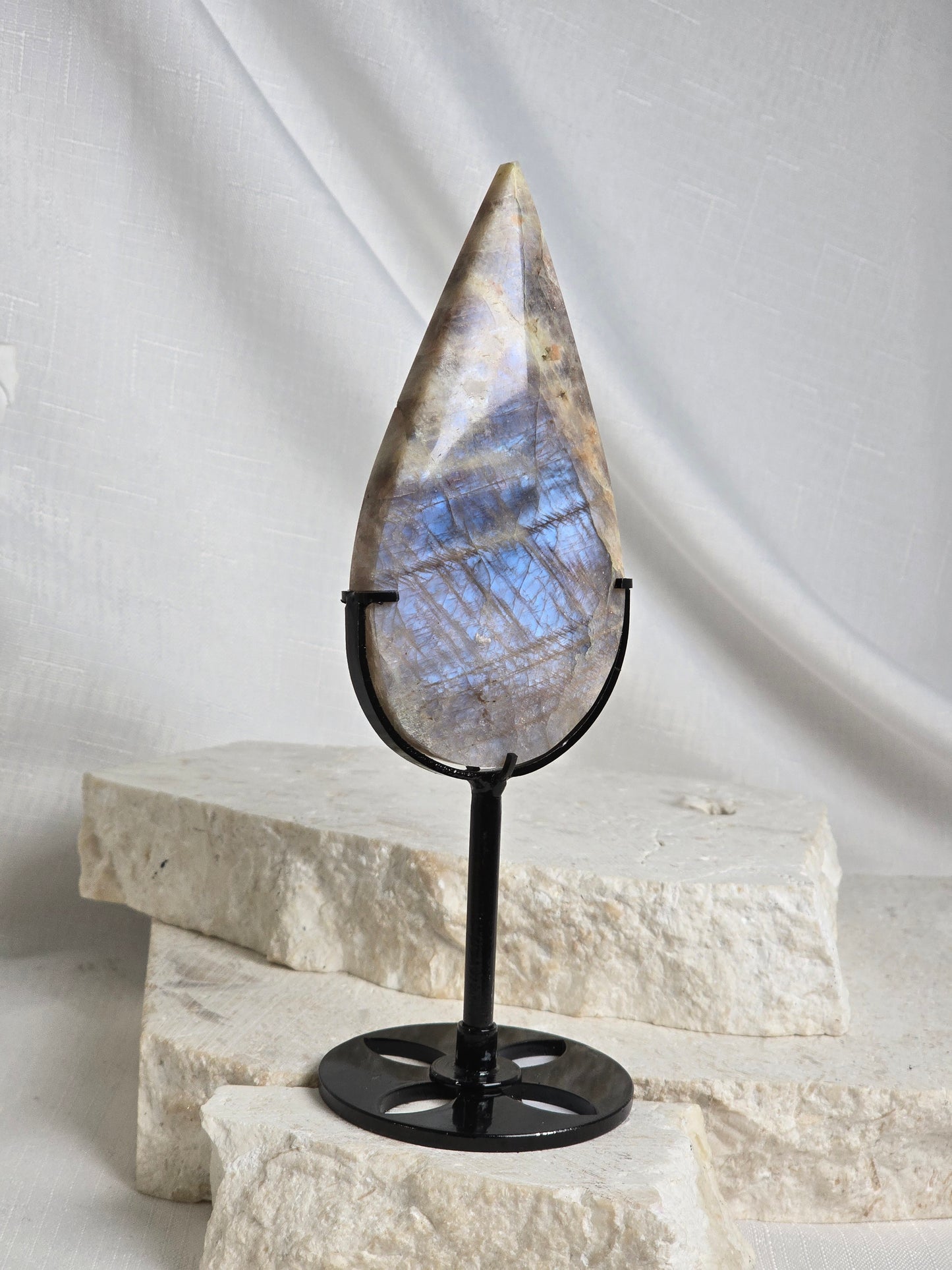 Blue Flash Moonstone Droplet on Stand
