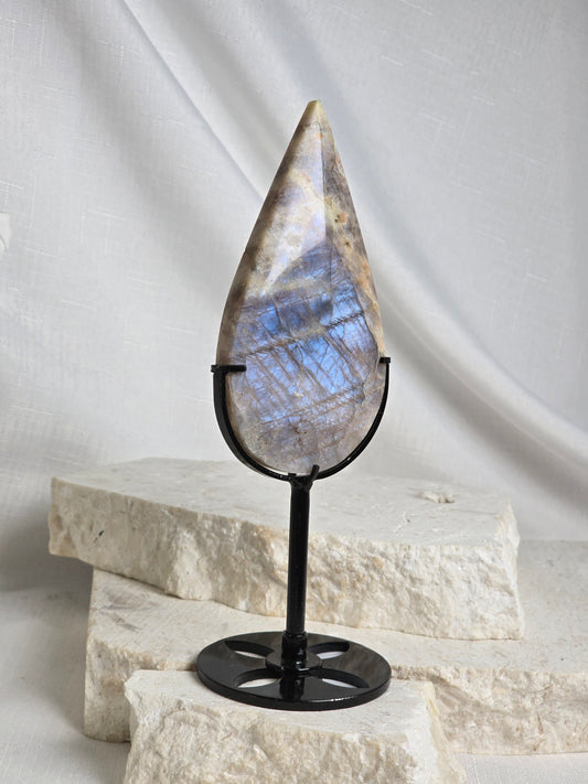 Blue Flash Moonstone Droplet on Stand