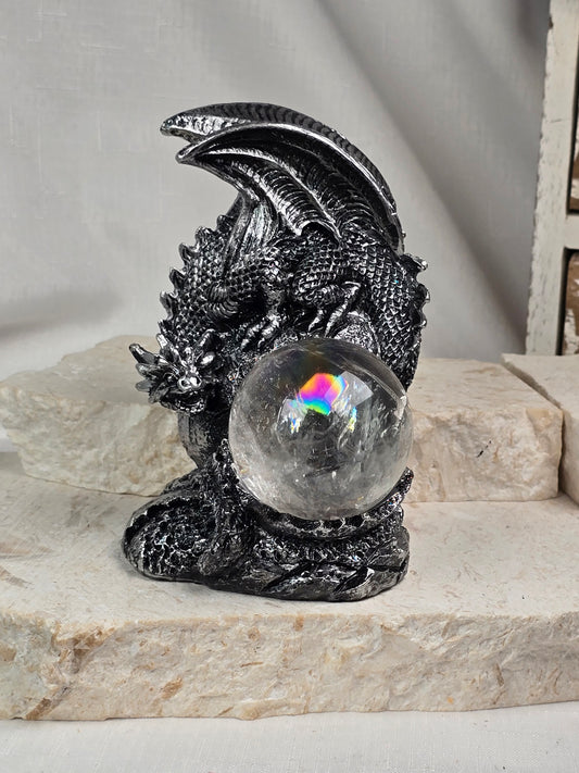 Silver Protecting Dragon Resin Sphere Stand