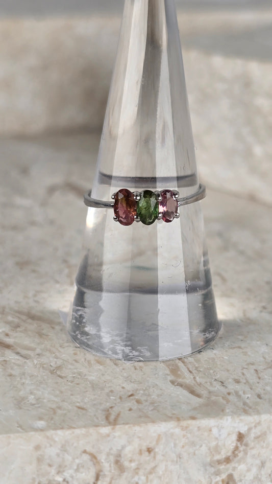 Tri Colour Tourmaline Ring Sterling Silver Size 7