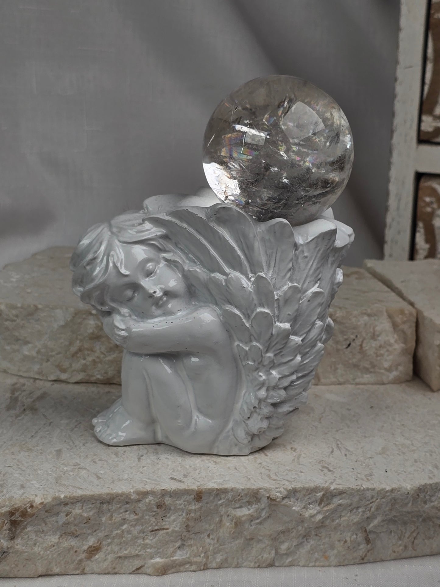 Sitting Angel White Resin Sphere Stand