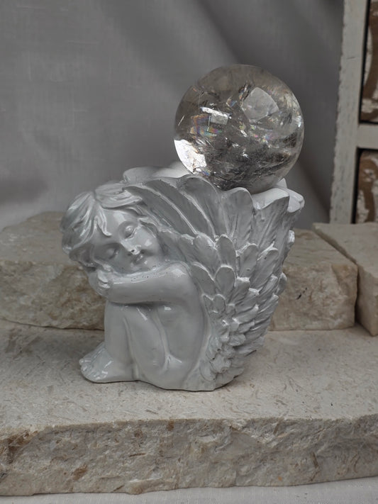 Sitting Angel White Resin Sphere Stand