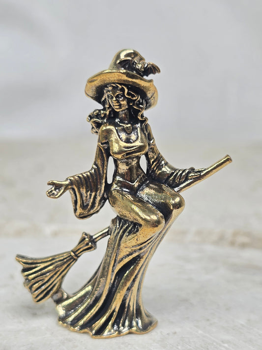 Brass Broom Witch Statue