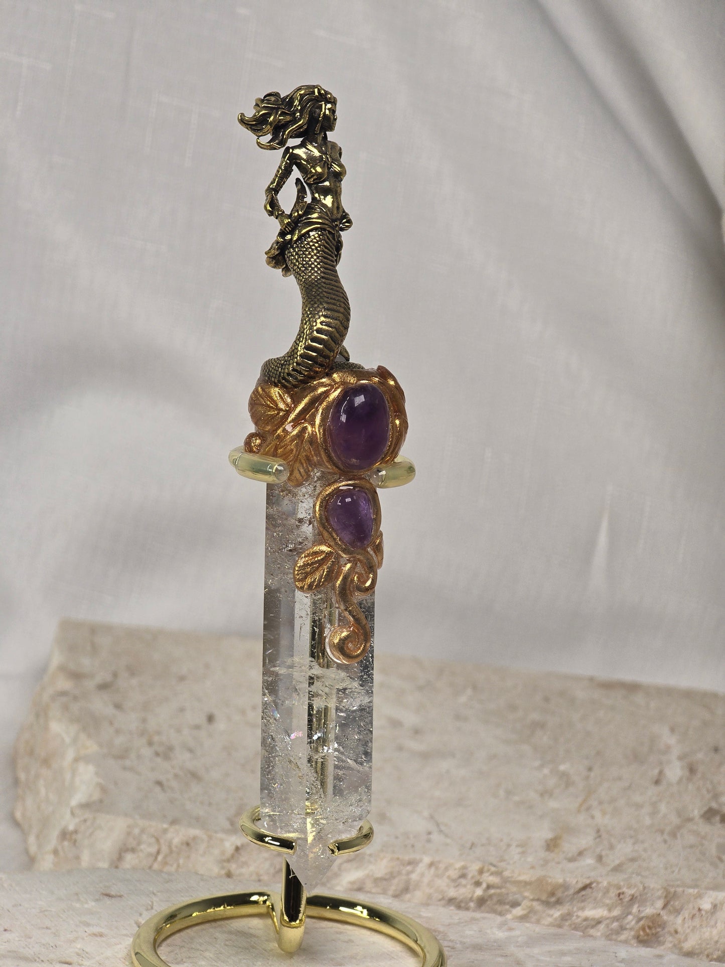 Clear Quartz & Amethyst Mermaid wand with stand