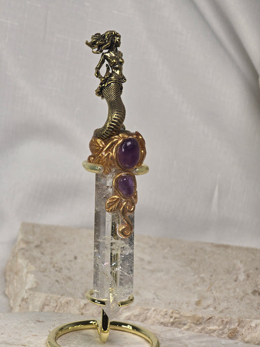 Clear Quartz & Amethyst Mermaid wand with stand
