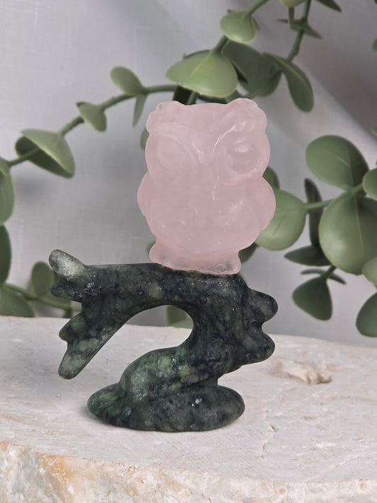 Rose Quartz Owl on Jasper Branch Carving