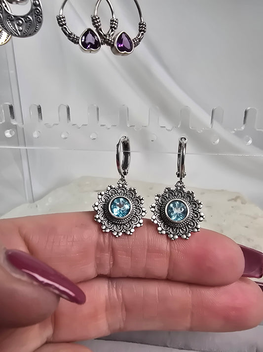 Topaz mandala Sterling Silver huggie Earrings