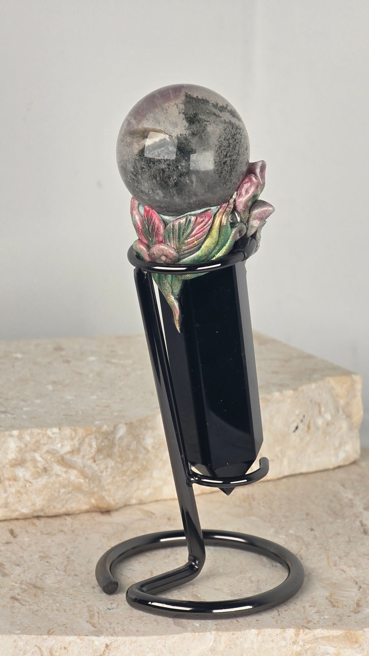 Garden Quartz Sphere & Obsidian Wand