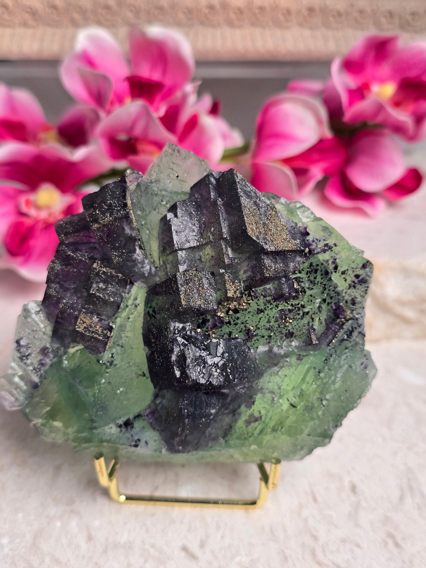 Mongolian Cubic Black/Green Fluorite Cluster with Pyrite Growth