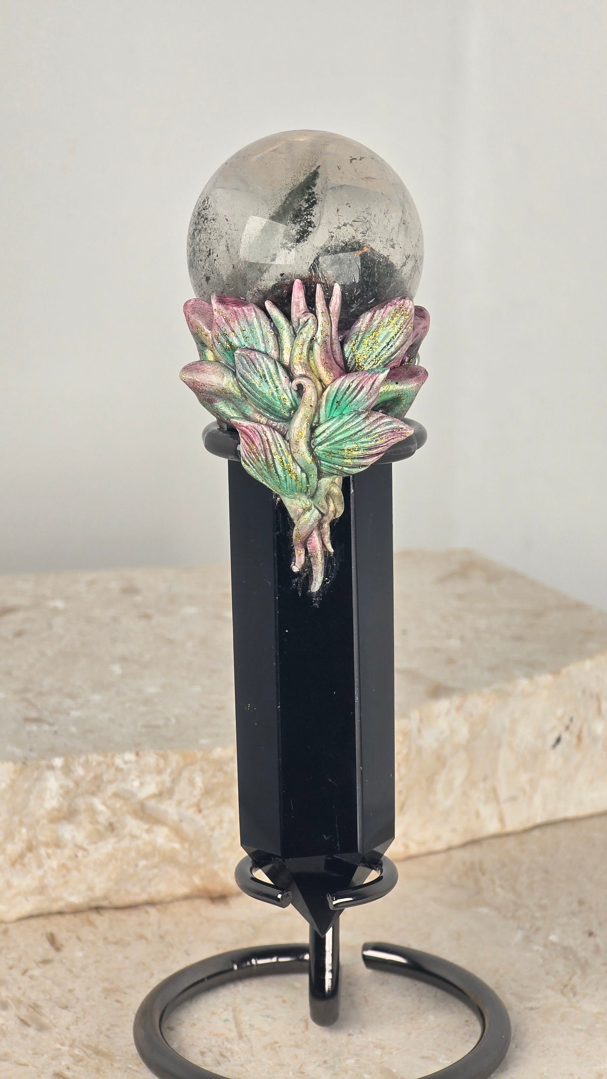 Garden Quartz Sphere & Obsidian Wand